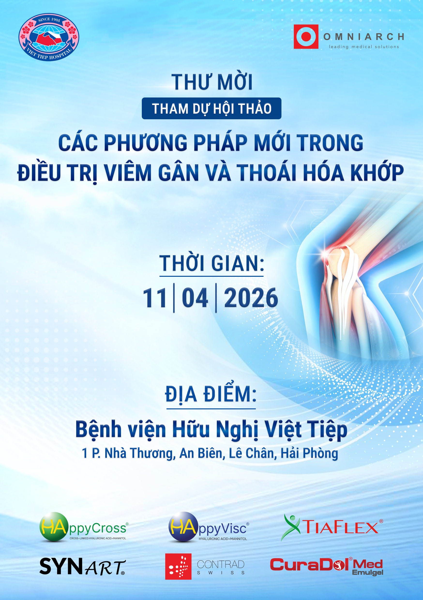 [SẮP DIỄN RA] HỘI THẢO KHOA HỌC: CÁC PHƯƠNG PHÁP MỚI TRONG ĐIỀU TRỊ VIÊM GÂN VÀ THOÁI HÓA KHỚP
